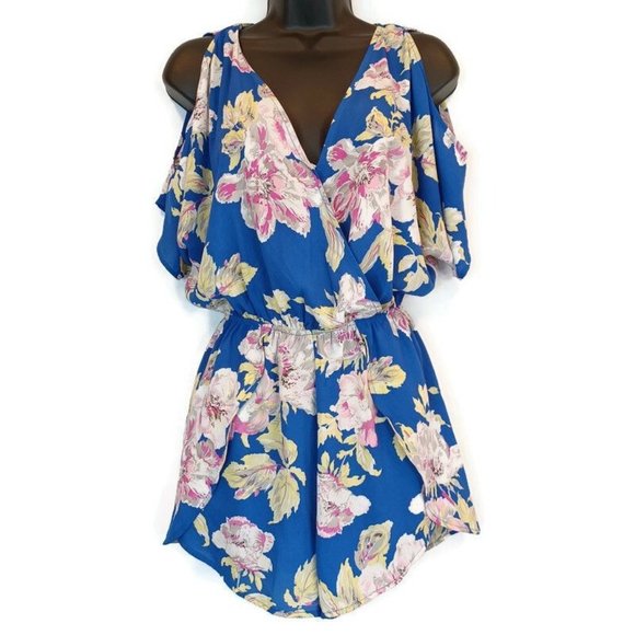 Astr Pants - ASTR THE BRAND WMN'S Sz S Floral Cold Sholder V Neck Wrapped Lined Romper Summer